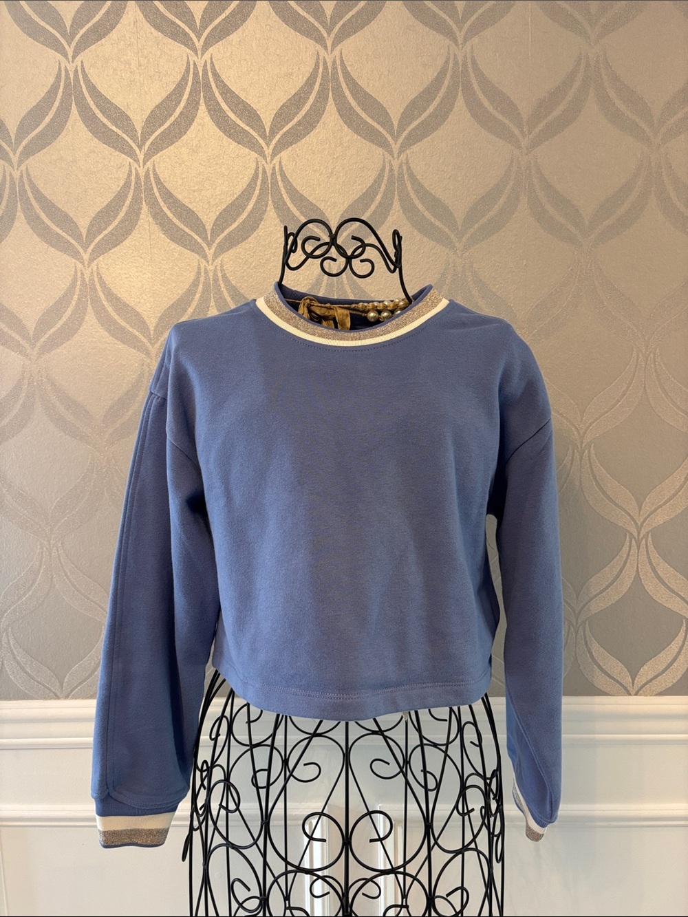 Athleta Blue Crewneck Pullover with Cream Trim